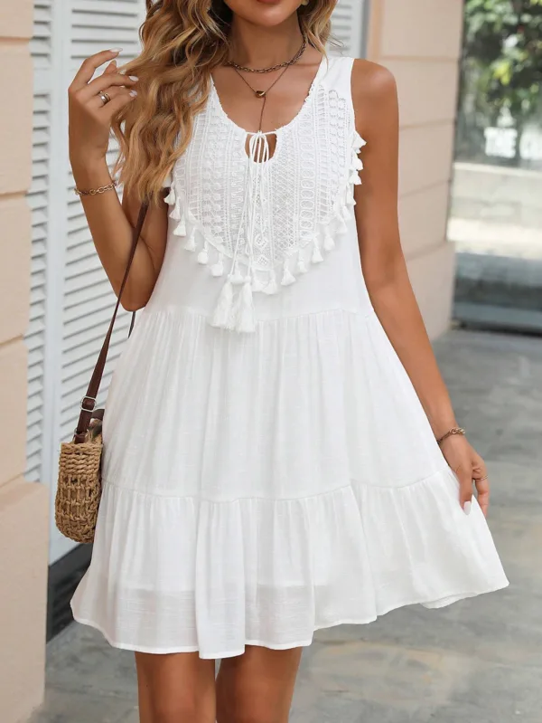 Boho Lace-Spliced Tassel Ruffle Midi Dress - Image 8