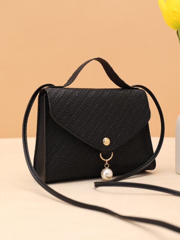 Black Elegant Pearl Decor Shoulder Tote Bag - Image 3