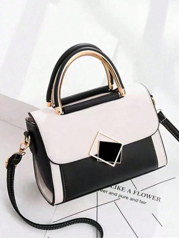 Elegant Colourblock Square Bag with Metal Decor - Image 2