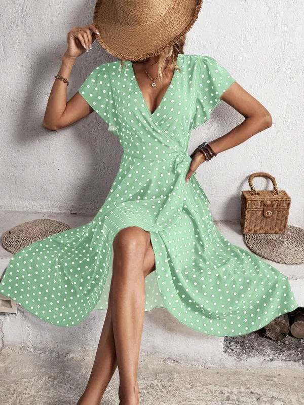 Polka Dot Butterfly Sleeve Wrap Maxi Dress - Image 11