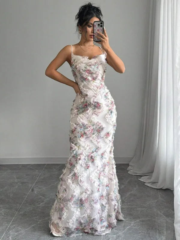 Elegant Floral Print Spaghetti Strap Evening Dress - Image 6