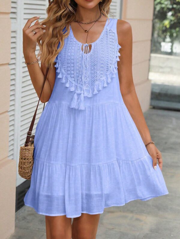 Boho Lace-Spliced Tassel Ruffle Midi Dress