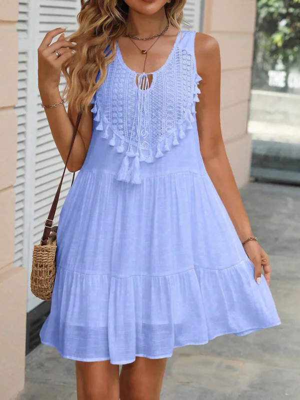 Boho Lace-Spliced Tassel Ruffle Midi Dress - Image 9