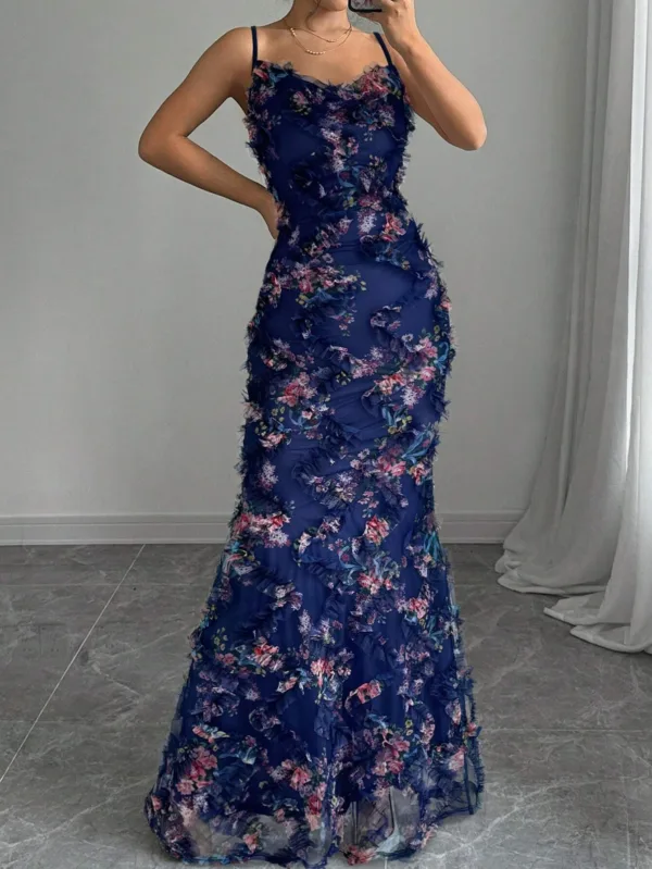 Elegant Floral Print Spaghetti Strap Evening Dress - Image 9