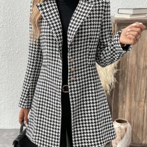 Chic Houndstooth Long Sleeve Overcoat