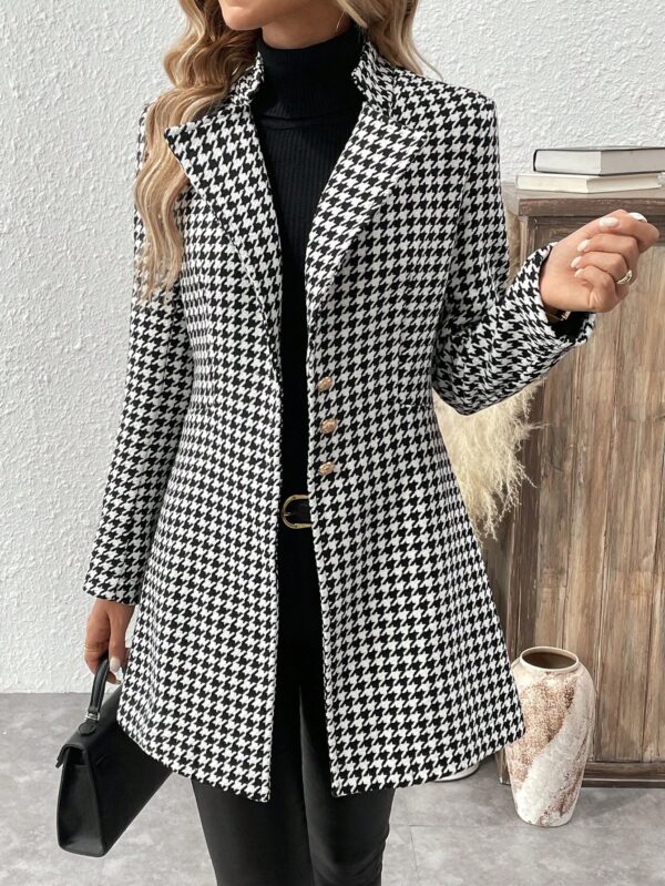 Chic Houndstooth Long Sleeve Overcoat