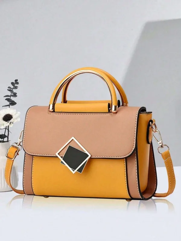 Elegant Colourblock Square Bag with Metal Decor - Image 7