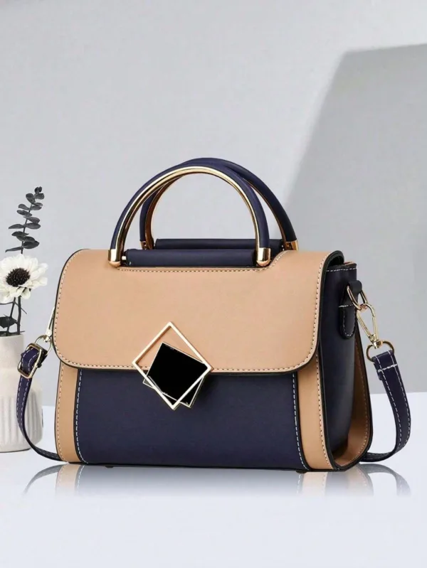 Elegant Colourblock Square Bag with Metal Decor - Image 8