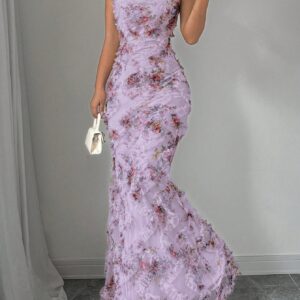 Elegant Floral Print Spaghetti Strap Evening Dress