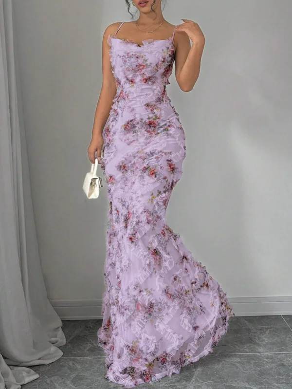 Elegant Floral Print Spaghetti Strap Evening Dress - Image 8