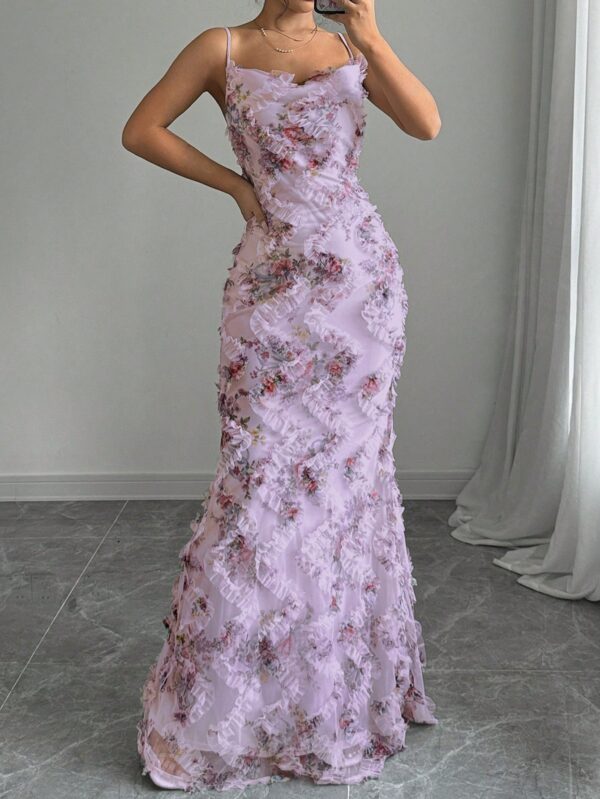 Elegant Floral Print Spaghetti Strap Evening Dress - Image 3