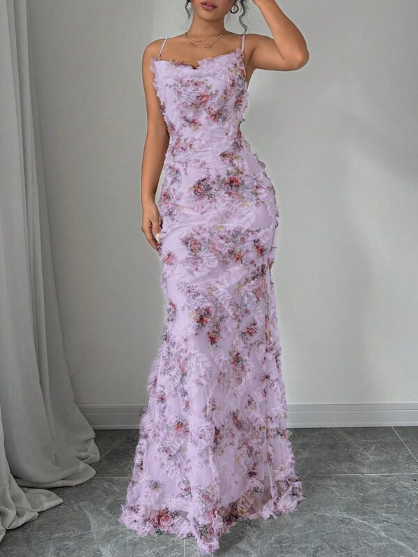 Elegant Floral Print Spaghetti Strap Evening Dress - Image 4