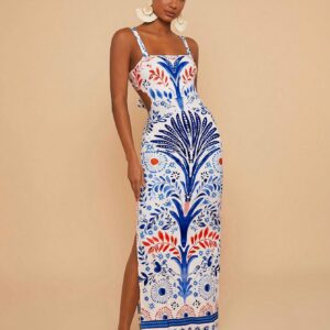 Knitted Printed Spaghetti Strap Bodycon Dress