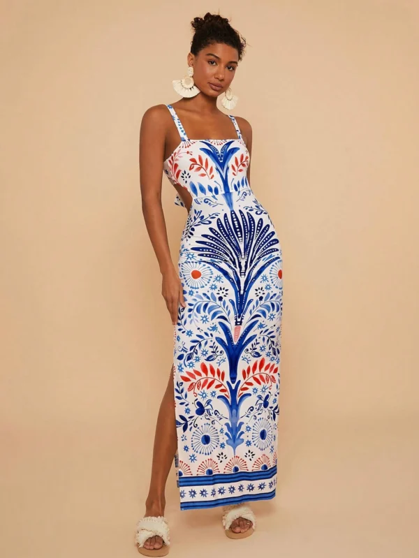 Knitted Printed Spaghetti Strap Bodycon Dress - Image 7