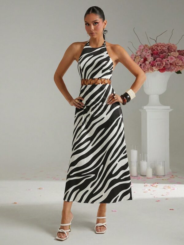 Stylish Black Zebra Stripe Halter Dress - Image 3